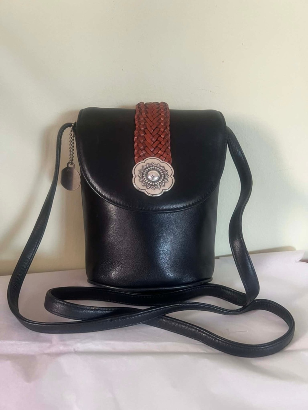 Brighton Black Crossbody with Braided Brown Accent and Silver Medallion